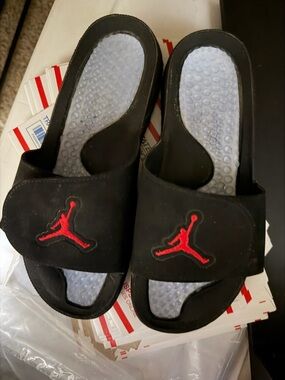 Jordan Black Slide Sandals with Red Logo
